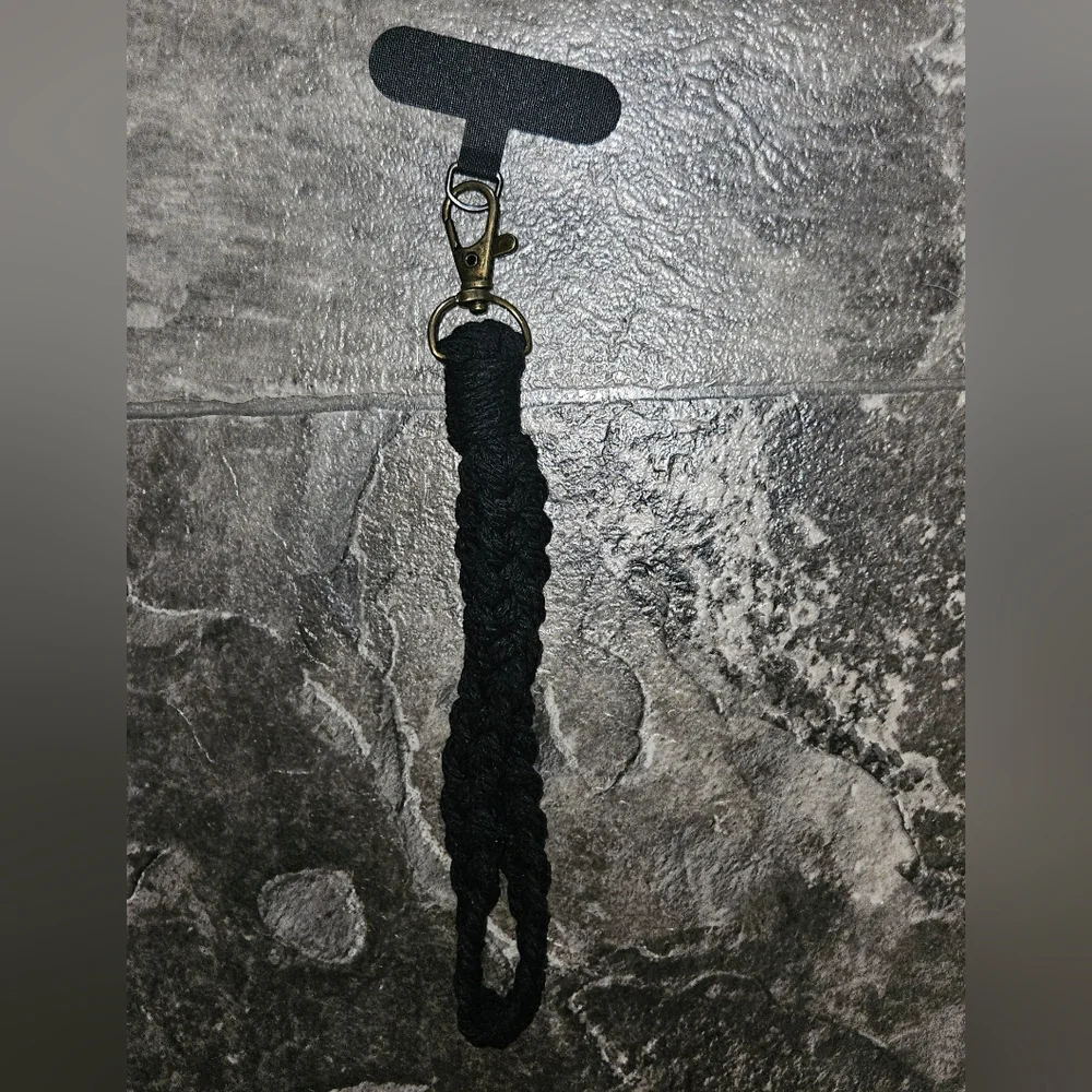 Boho Macrame Phone Wrist Strap/ Cell Phone Lanyard with Tether Tab In Black